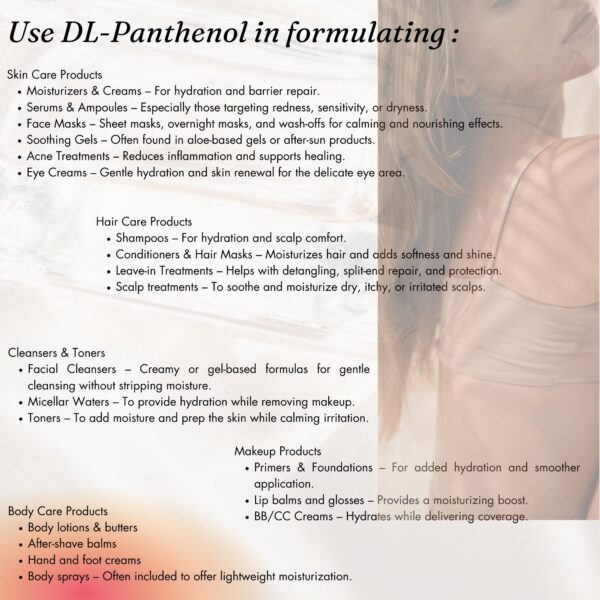 Polvo DL-pantenol para uso en cosméticos y productos personales