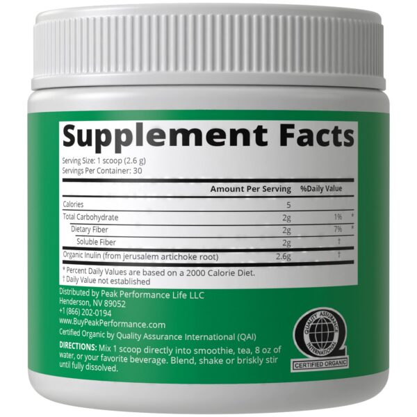 Polvo en envase transparente de inulina peak performance