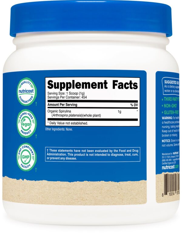 Polvo espirulina Nutricost en frasco certificado sin gluten