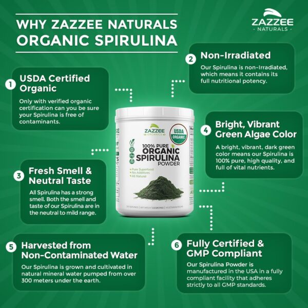 Polvo de espirulina Zazzee en contenedor hermético