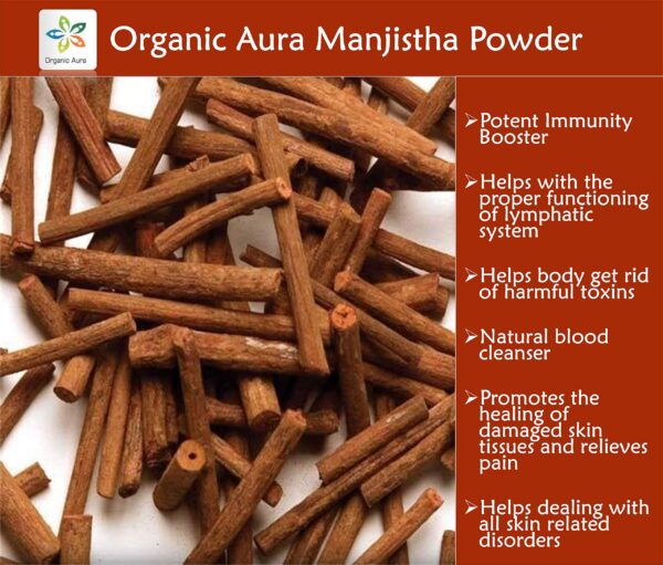 Polvo Herbal Manjistha Organic Aura dentro del envase