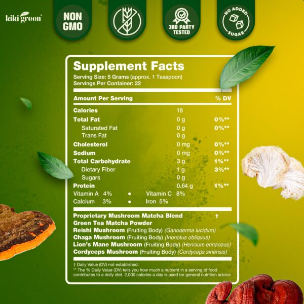 Version 1.0.0 Polvo KIKI Green matcha con hongos para energía, enfoque e inmunidad