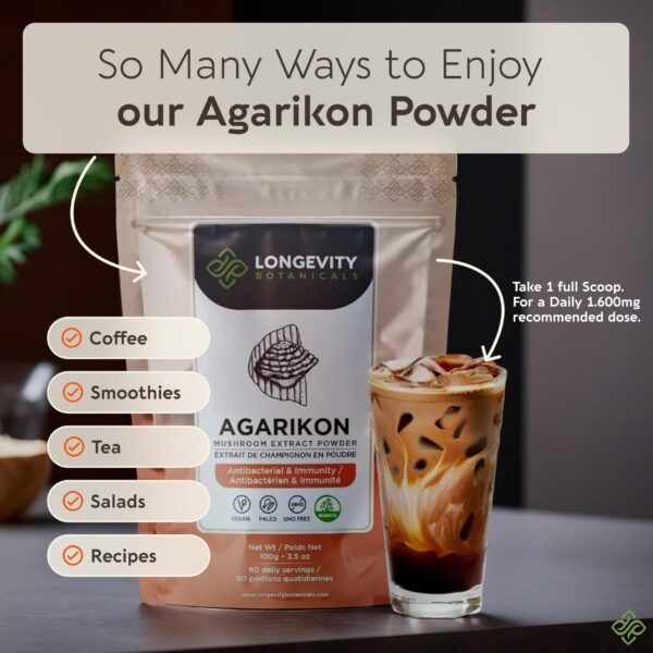 Polvo natural de extracto Agarikon en envase Longevity Botanicals