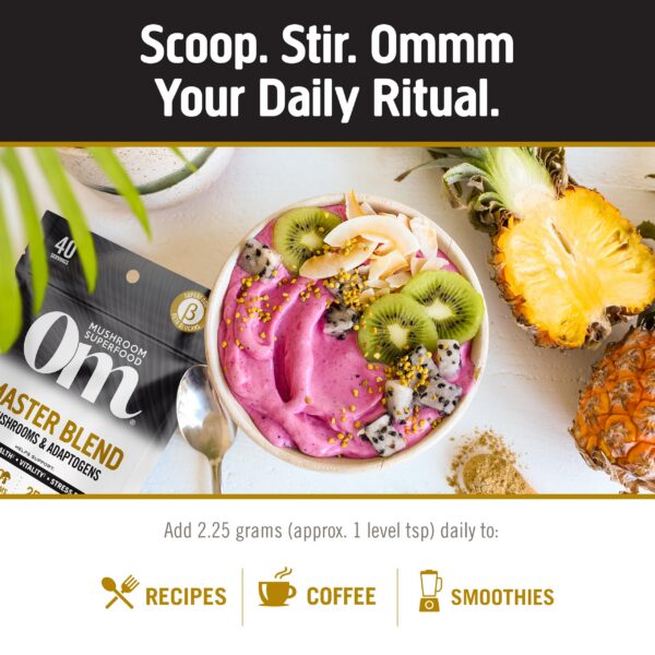 Version 1.0.0 Vista lateral paquete polvo hongos Om mezcla maestra