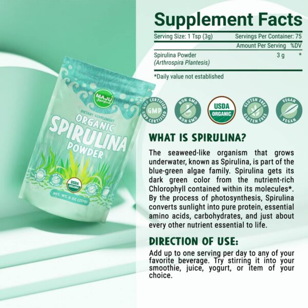 Polvo orgánico de espirulina MAJU presentación envase