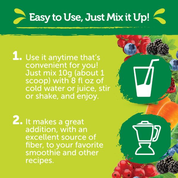 Polvo orgánico saludable con verduras kale, remolacha y pasto de trigo