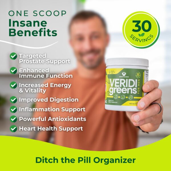 Polvo orgánico Veridi Greens para hombres sobre fondo blanco