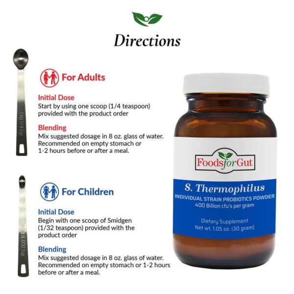 Version 1.0.0 Polvo probiótico Foods For Gut porción medida con cuchara