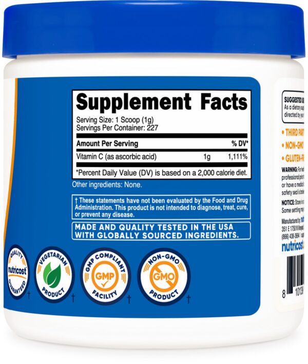 Polvo puro de ácido ascórbico Nutricost sin rellenos ni ligantes
