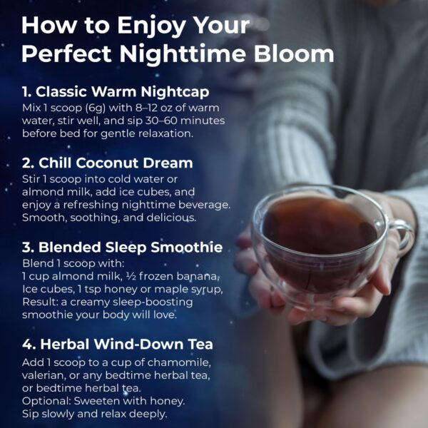 Version 1.0.0 Polvo para sueño Bloomboost sin cafeína ni azúcar