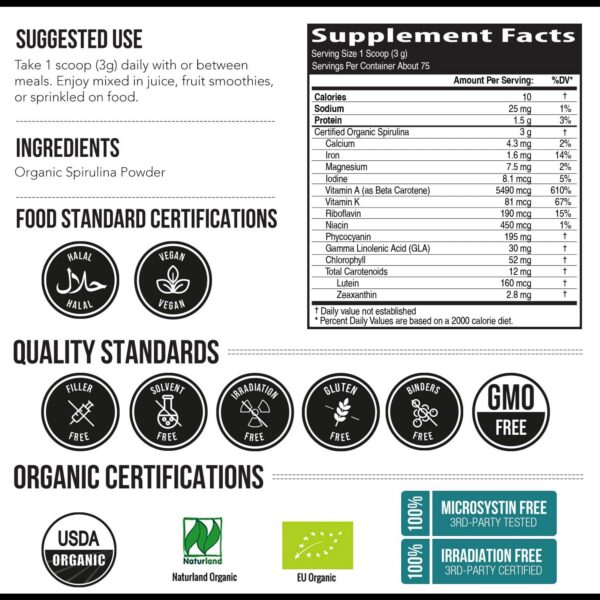 Polvo superalimento espirulina azul-verde no irradiado
