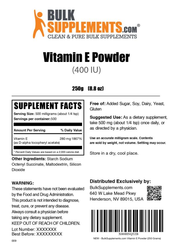 Polvo vitamina E antioxidante BulkSupplements 250g