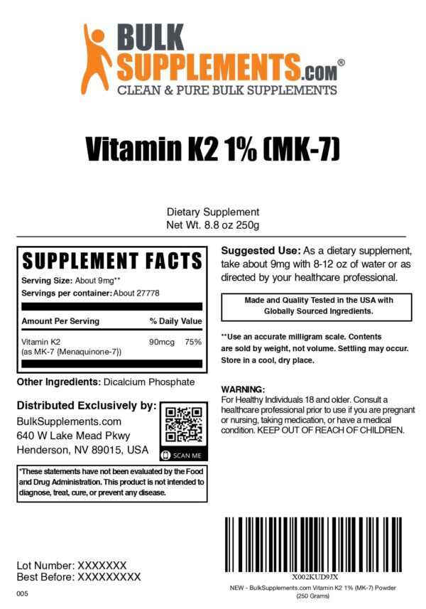 Polvo vitamina k2 mk7 BulkSupplements 250 gramos