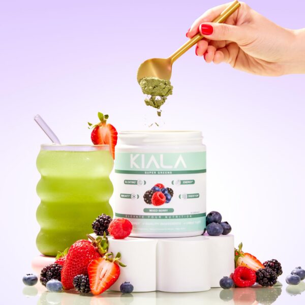 Polvo Kiala Super Greens en cuatro deliciosos sabores
