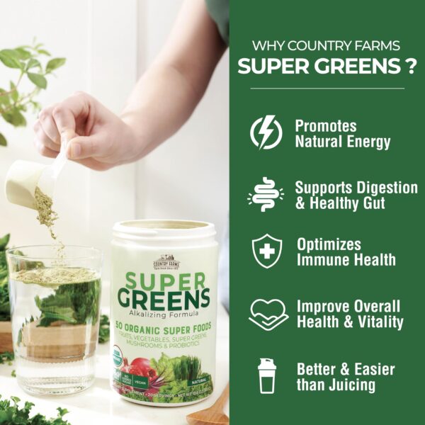 Porción de Super Greens en polvo con ingredientes orgánicos