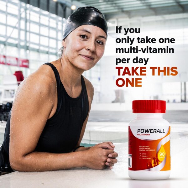 Vista lateral de frasco PowerAll multivitamínico