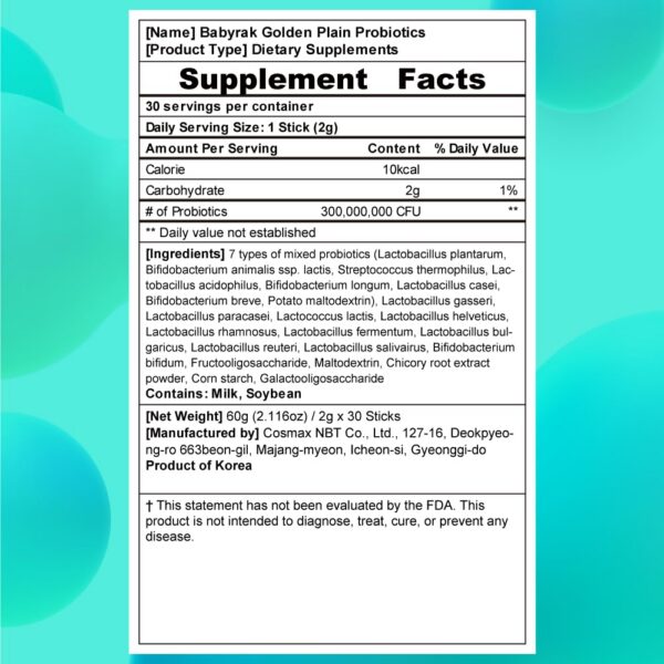Presentación Babyrak probióticos dorados para salud intestinal