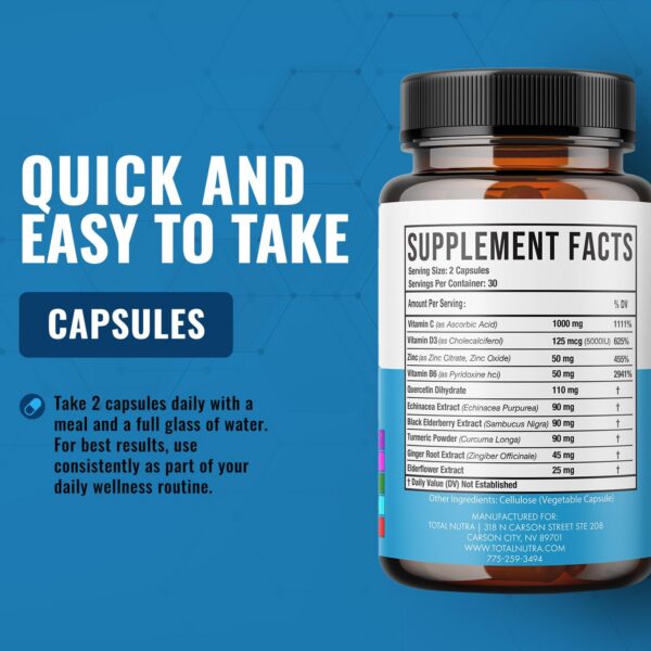 Presentación y cápsulas Total Nutra para inmunidad y energía