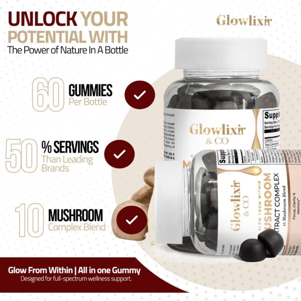 Presentación de gomitas de hongos GLOWLIXIR & CO