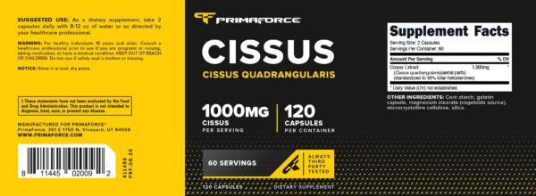 Frasco con etiqueta de Primaforce Cissus Quadrangularis