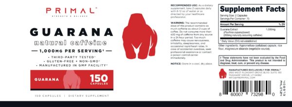 Primal Guaraná energético natural en frasco de 150 cápsulas