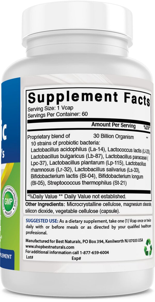 Detalle etiquetas de probiótico Best Naturals 10 cepas