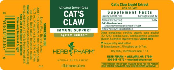 Producto uña de gato Herb Pharm para apoyo inmunológico