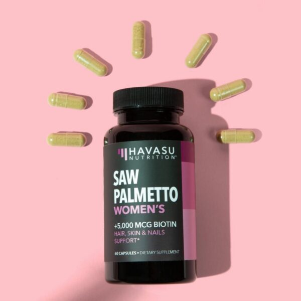 Producto vegano saw palmetto biotina para cuidado de cabello y uñas mujer