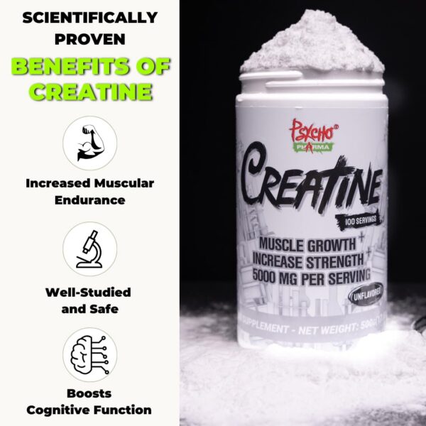 Psycho Pharma Creatine monohidrato porción y envase