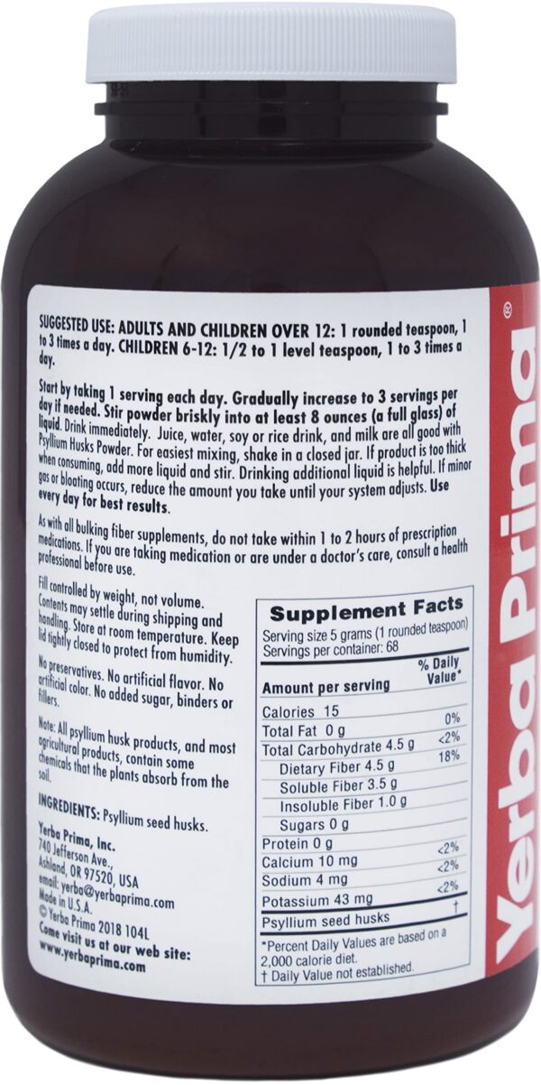 Psyllium en polvo Yerba Prima contenido paquete