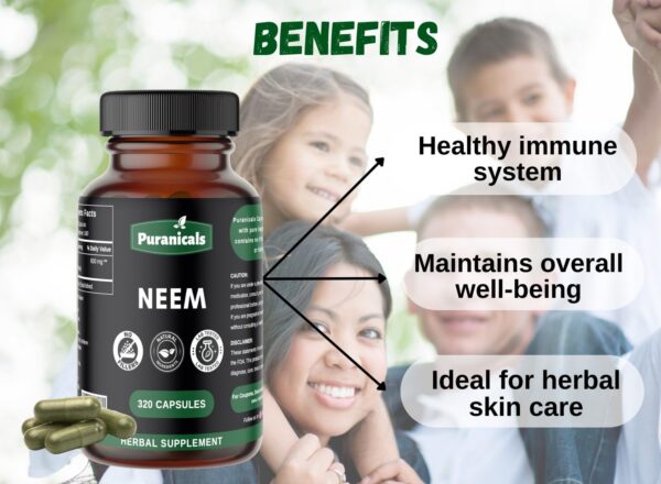 Vista superior del frasco de Puranicals Neem suplemento herbal