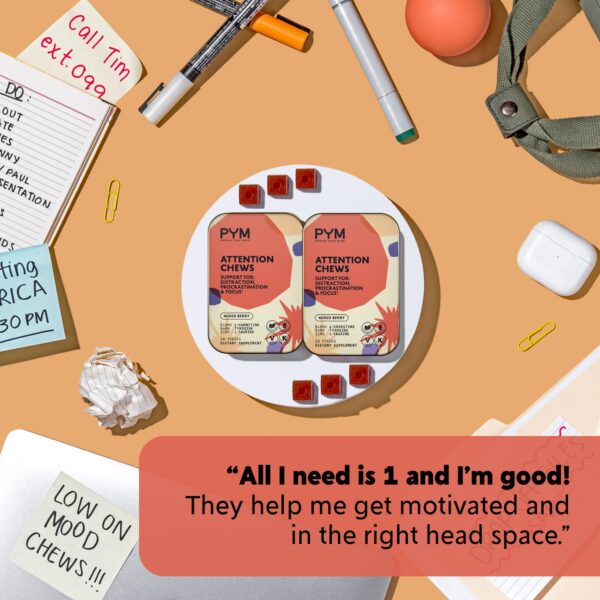 Vista lateral de la caja PYM Attention Chews