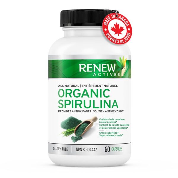 Renew Actives Spirulina cápsulas en superficie blanca