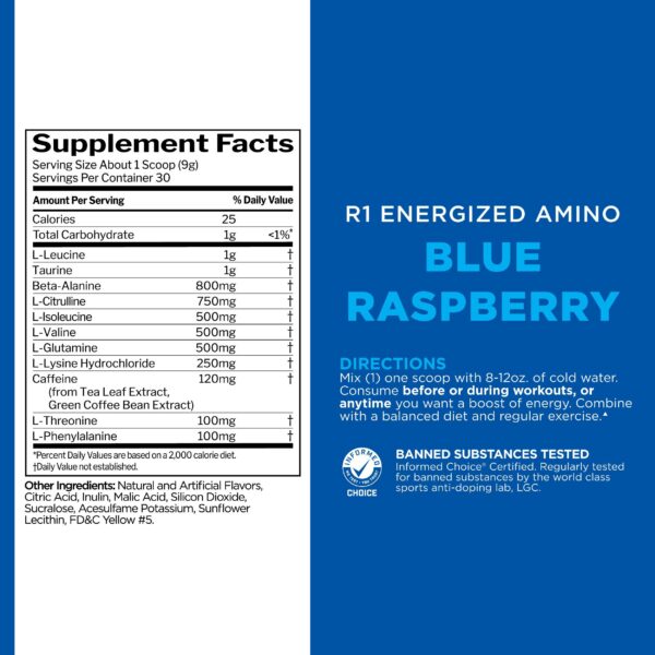 Version 1.0.0 Rule1 Energized Amino Blue Raspberry label detail