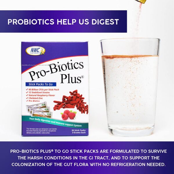 Sobres de Pro-Biotics Plus en mesa con ingredientes