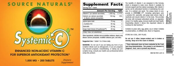 Frasco Source Naturals Systemic C 1000 mg 200 tabletas