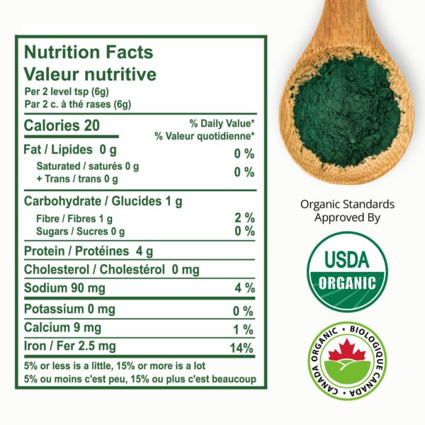 Spirulina en polvo orgánico Aimgrow sin OGM vegan saludable