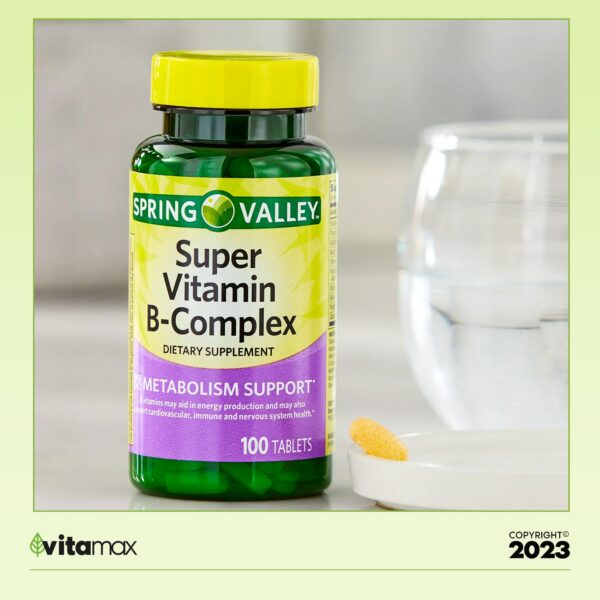 Spring Valley tabletas complejo vitamínico B super lado botella explicó