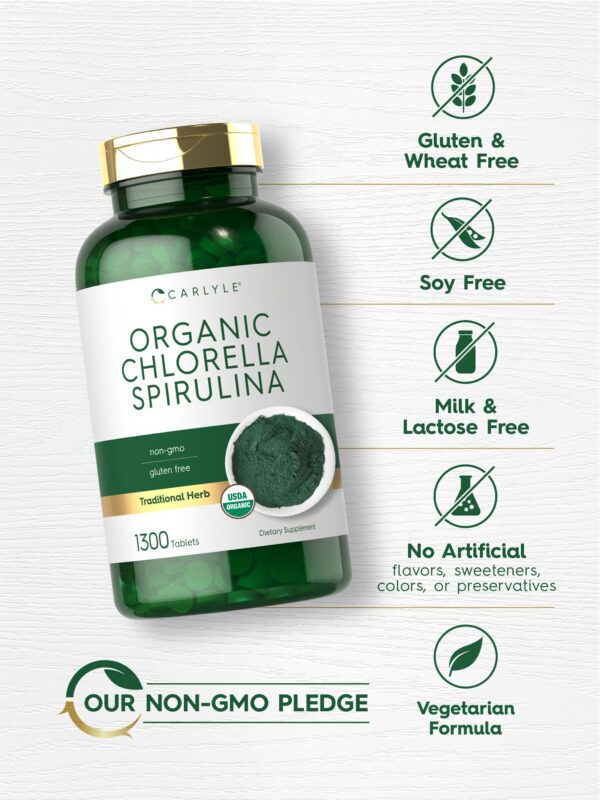 Suplemento de algas orgánicas Carlyle chlorella y spirulina mezcla 50 50