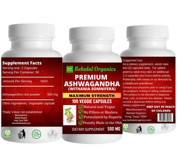 Suplemento Ashwagandha Behalal Organics 100 cápsulas