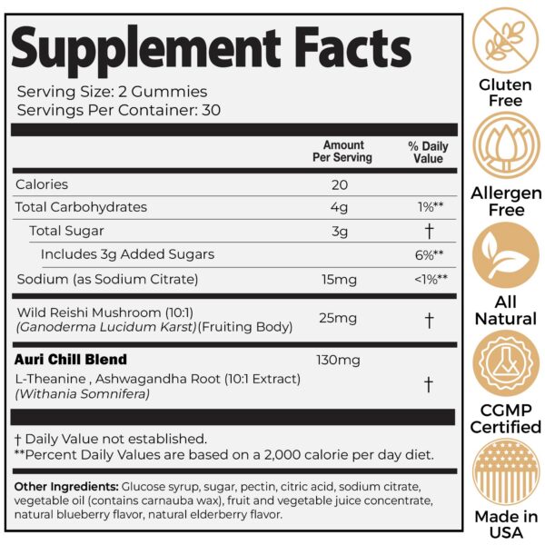 Suplemento Auri gomitas reishi y ashwagandha para relajación y estrés