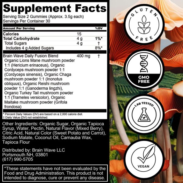 Suplemento BRAIN WAVE con 60 gomitas con hongos para foco