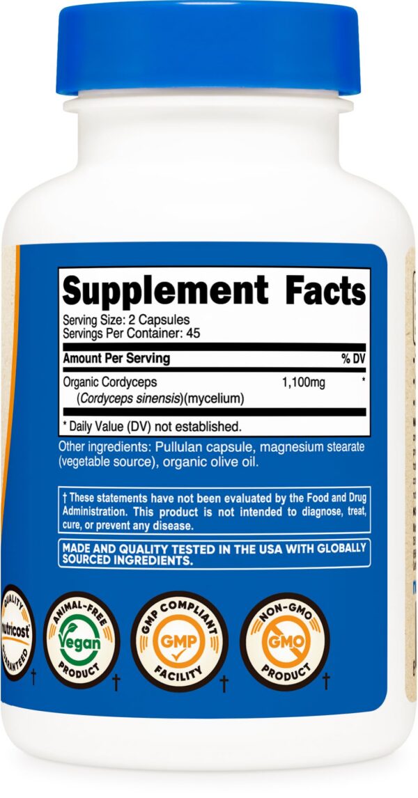 Suplemento cápsulas cordyceps Nutricost sin gluten y no GMO