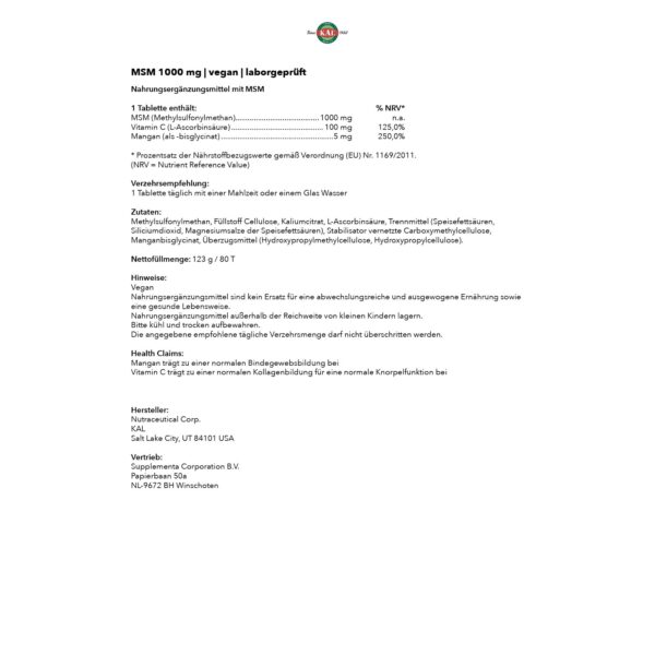 Suplemento de calidad superior MSM KAL 1000 mg 80 tabletas