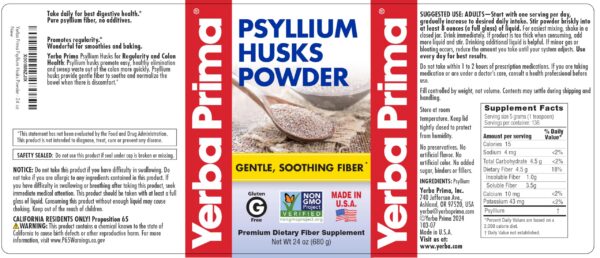 Yerba Prima polvo psyllium sin azúcar para salud colon y digestión
