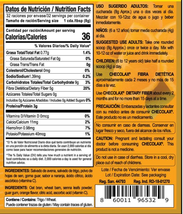 Suplemento fibra CHECOLAX presentación y uso