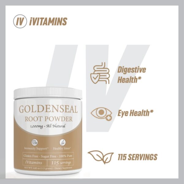 Suplemento goldenseal raíz polvo iVitamins enfoque etiqueta nutricional