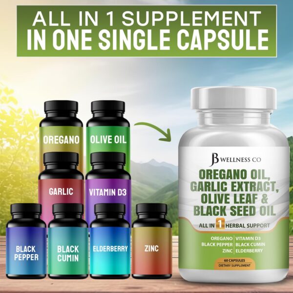 Suplemento JB Wellness cápsulas orégano ajo hoja de olivo astrágalo