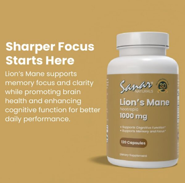 Suplemento Lions Mane Sanar Naturals para claridad mental y enfoque