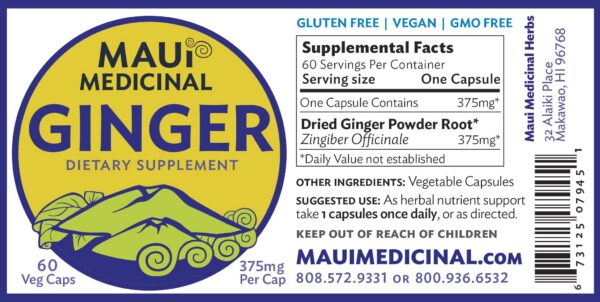 Suplemento Maui Medicinal Herbs jengibre 375 mg por cápsula orgánico
